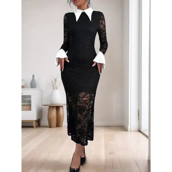 Lace Long Sleeve Collared Midi Dress - Picture 6 of 9